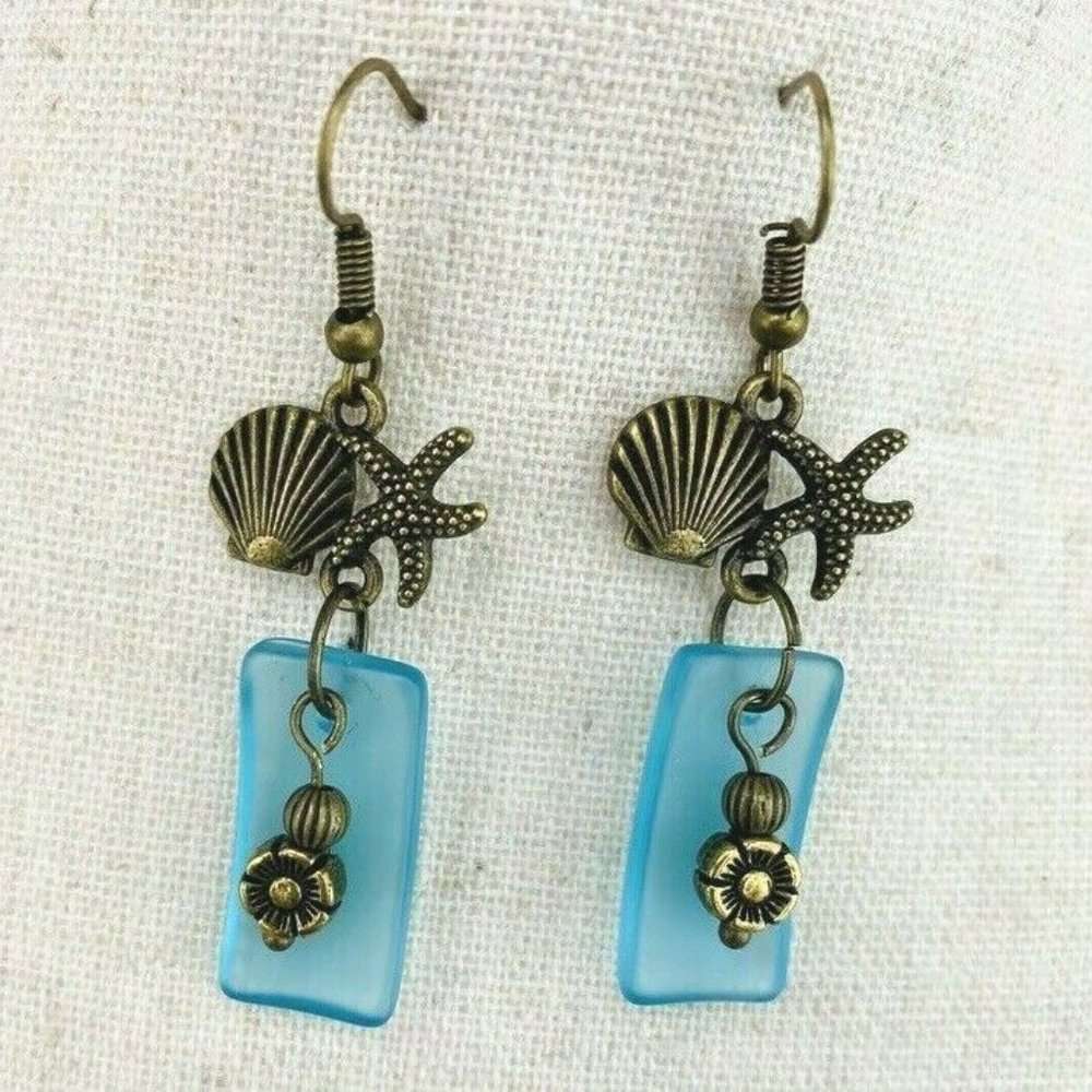 Blue Sea Beach Glass Dangle Earrings Sand Dollar S